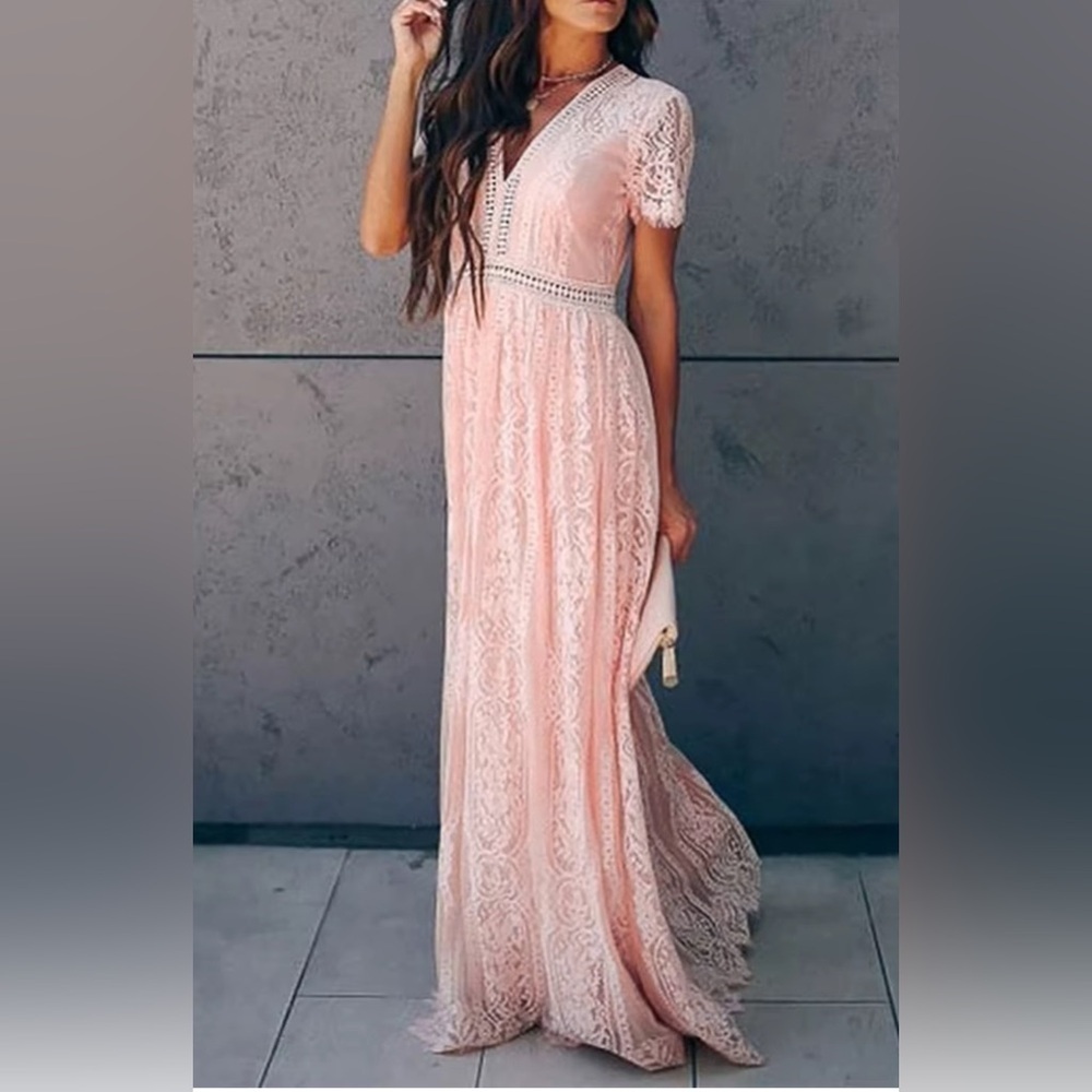 Merokeety Boho Blush Pink Lace V Neck Maxi Dress Short Sleeve Romantic Wedding S